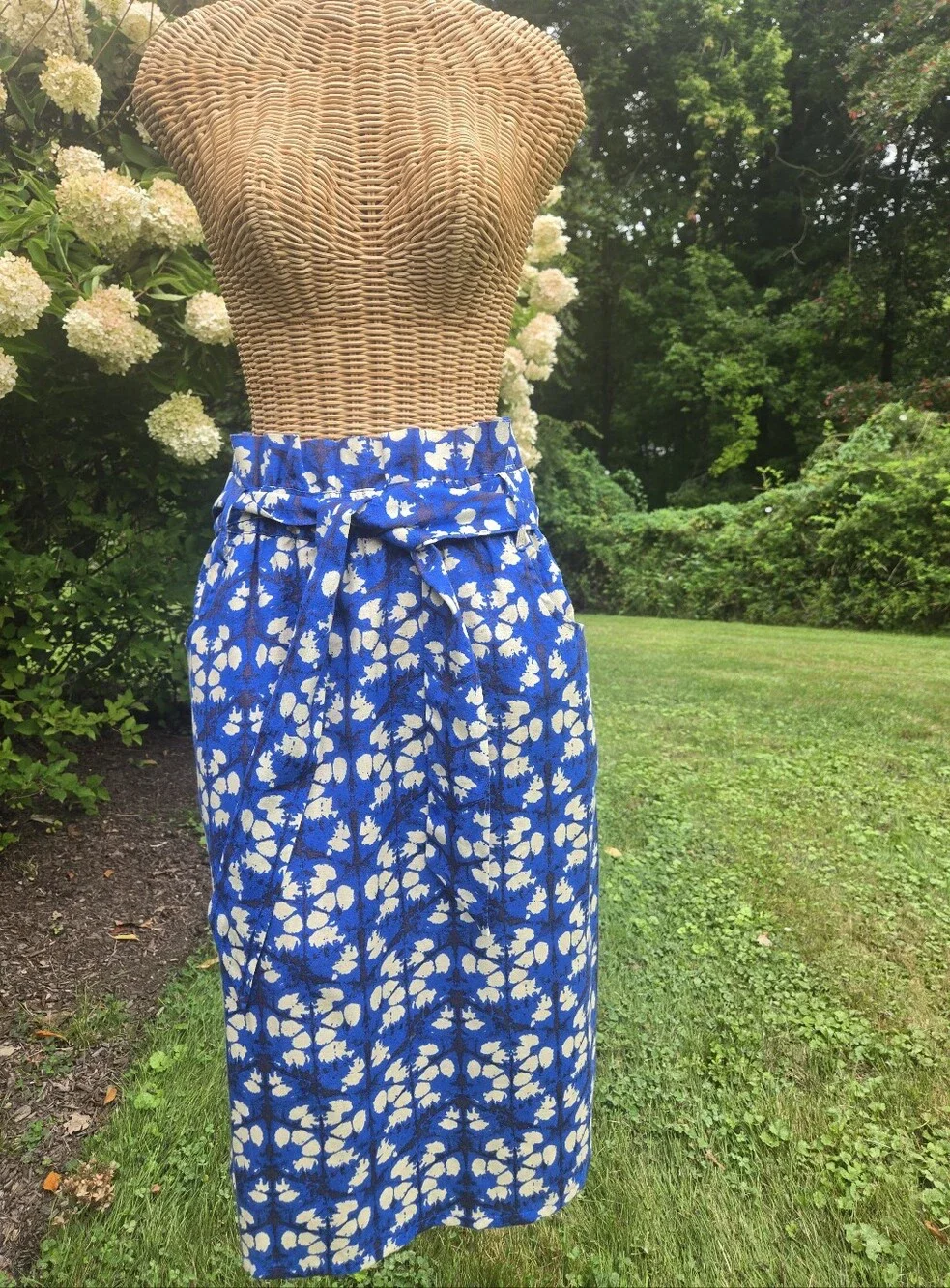 Blue Floral Geo Tie-Waist Midi Skirt